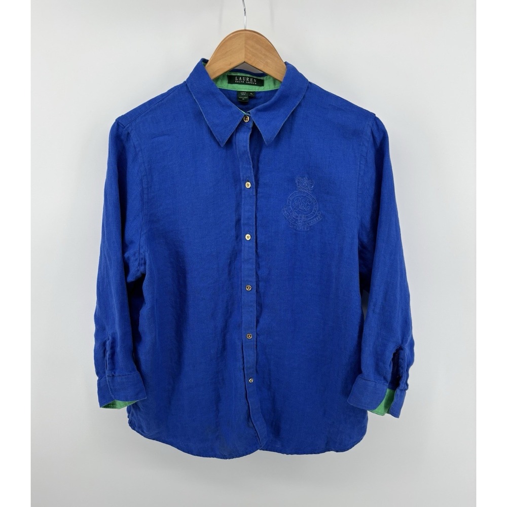 Lauren Ralph Lauren 100% Linen Button Up Blouse Logo 3/4 Sleeve XL Preppy
